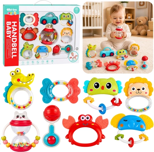 Ensemble de hochets et anneaux de dentition pour enfants 9 pcs – colorés avec éléments mobiles