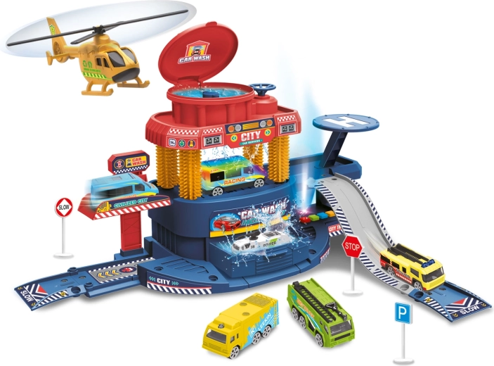 Grand set de garage 32 pièces avec voiture changeant de couleur et avion