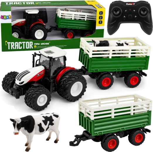 Tracteur agricole RC avec remorque et figurine de vache 1:24