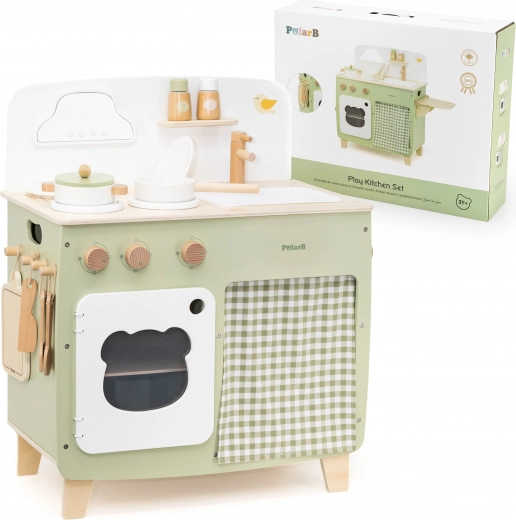 Viga PolarB cuisine en bois pour enfants avec plateau de travail rabattable et armoire avec rideau