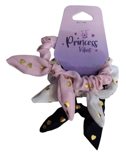 PINK lot d’élastiques à cheveux scrunchie avec nœud et cœurs dorés - 3 pcs