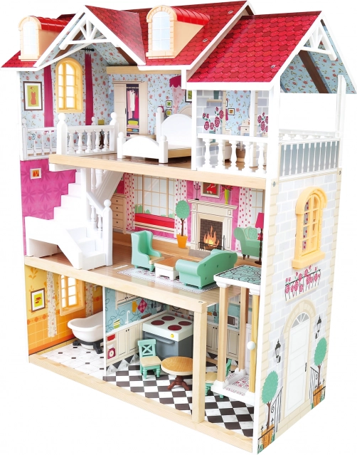 Bino maison de poupées en bois à trois étages avec ascenseur et 13 accessoires