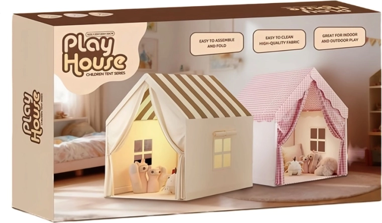 Tente pliable pour enfants en forme de maisonnette pour chambre, beige avec toit rayé