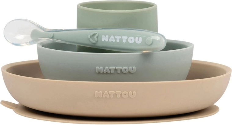 Set de repas en silicone Nattou 4 pcs vert sable, sans BPA