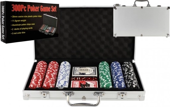 Set de poker 300 jetons dans une mallette en aluminium avec cartes et dés