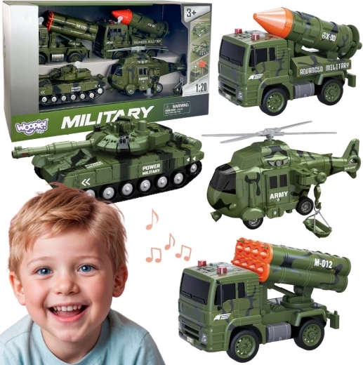 WOOPIE coffret de véhicules militaires avec lance-roquettes, char et hélicoptère, 4 pièces, échelle 1:20