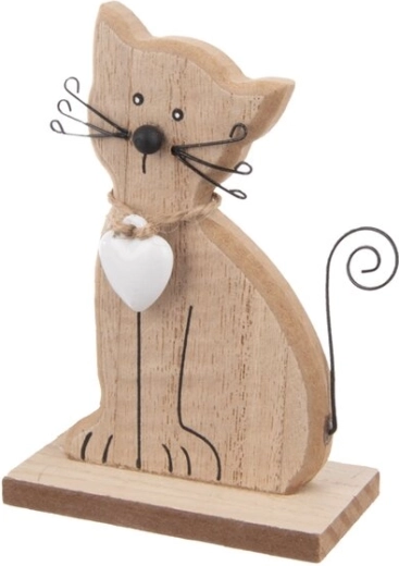 Décoration en bois chat avec cœur marron 10 cm