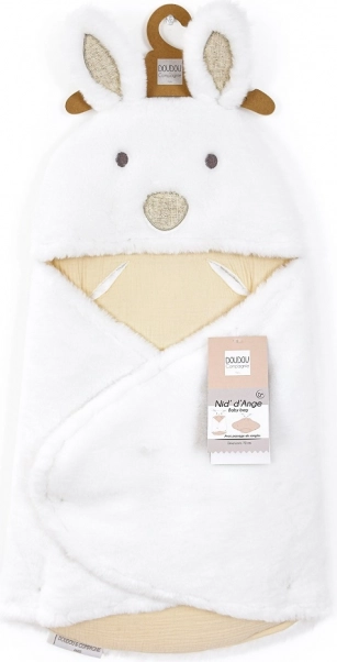 doudou couverture en peluche blanche à capuche Happy Wild 70 cm