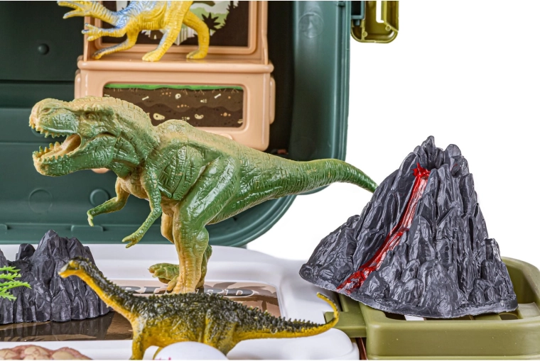 Monde des dinosaures avec figurines, œufs et volcan