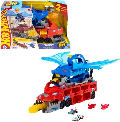 Transporteur double dragon Hot Wheels City avec circuit et 2 voitures