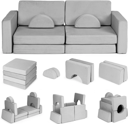 grand canapé pour enfants modulable et pliable 2 places avec 10 coussins moelleux – gris ECOTOYS