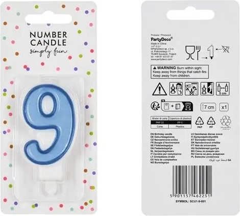 Bougie d’anniversaire bleue en forme de chiffre 9, 7 cm