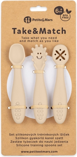 Petite&Mars set de 3 cuillères d’apprentissage en silicone Take&Match desert sand 6m+