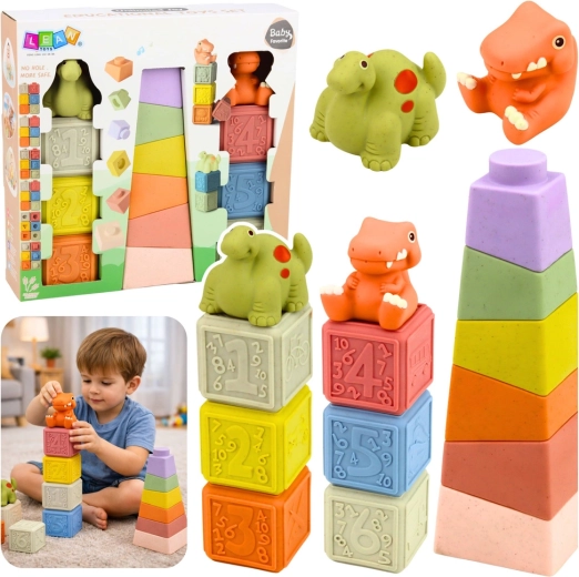 Cubes en caoutchouc sensorimoteurs souples et pyramide avec dinosaures, 14 pièces
