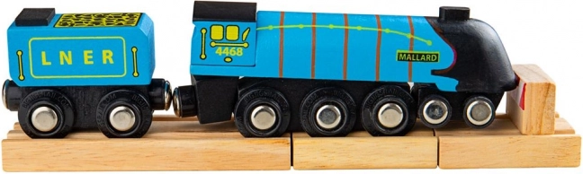 Réplique en bois de la locomotive Mallard avec rails