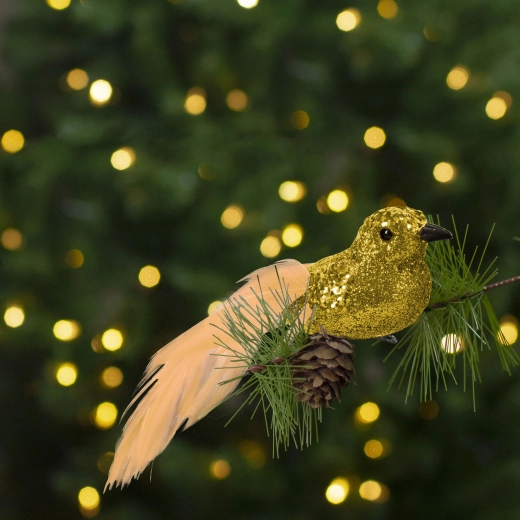 Décoration de Noël avec clip, oiseau pailleté doré – 2 pièces