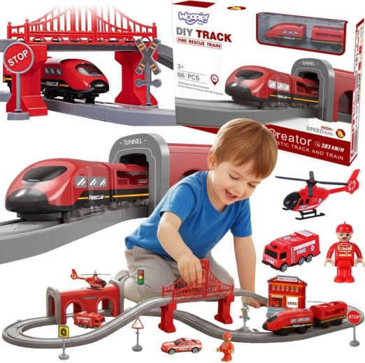 Circuit de train électrique Pompiers Woopie avec sons, 66 pièces