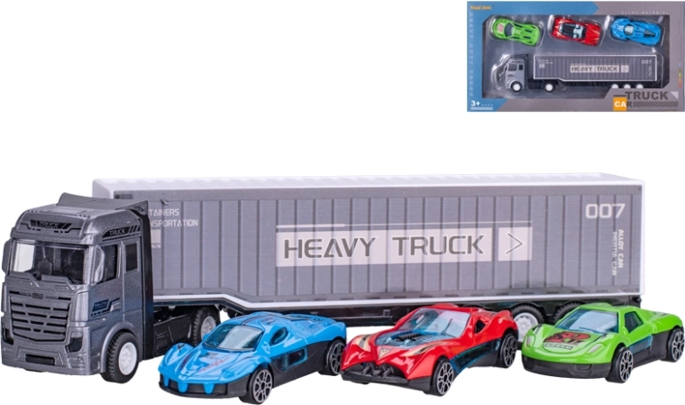 Camion porte-voitures en métal avec 3 petites voitures, 22 cm