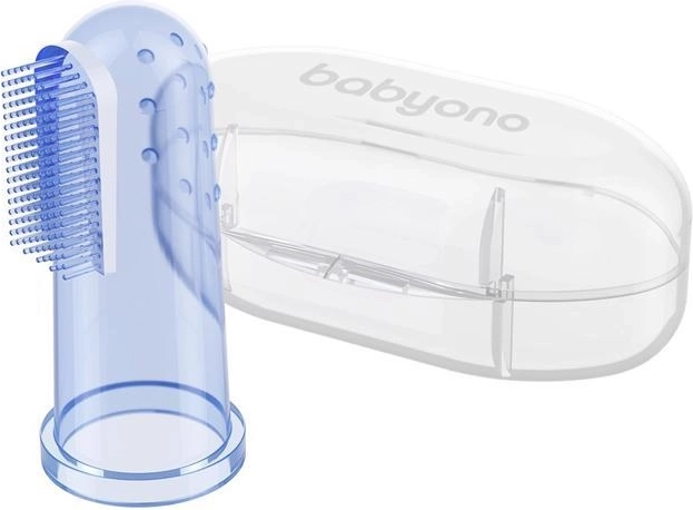 Brosse à dents BabyOno en silicone à doigt avec étui – bleue