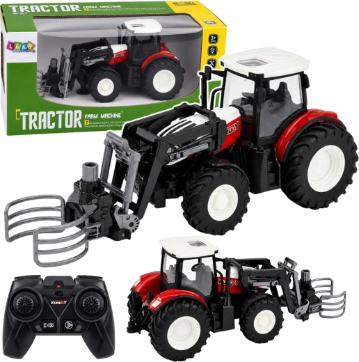 Tracteur agricole RC télécommandé avec chargeur frontal et grappin à balles 1:24, rouge