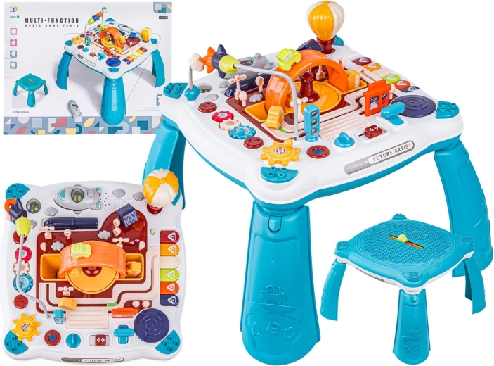 Table éducative interactive 2-en-1 pour enfants avec véhicules et petit piano – bleu