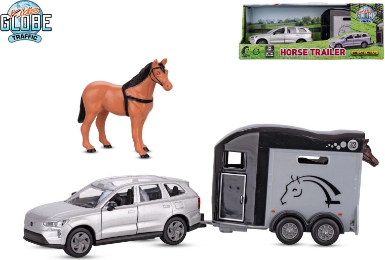 Kids Globe Traffic VOLVO EX90 avec remorque pour chevaux, modèle en métal 28 cm