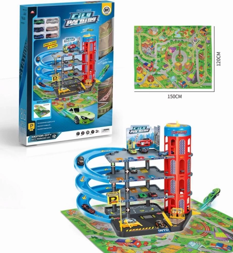 Parking à plusieurs niveaux avec ascenseur, tapis routier et accessoires