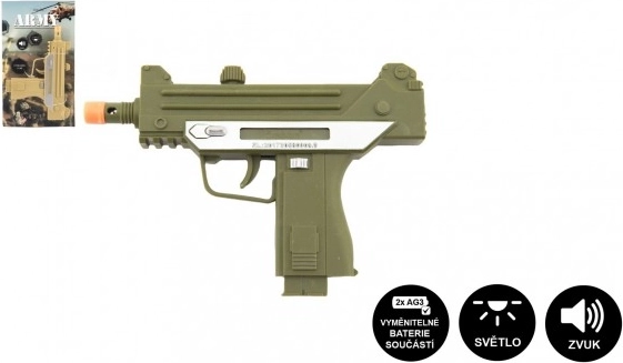 Pistolet mitraillette en plastique 17,5 cm à piles avec son et lumière, 2 couleurs sur carte