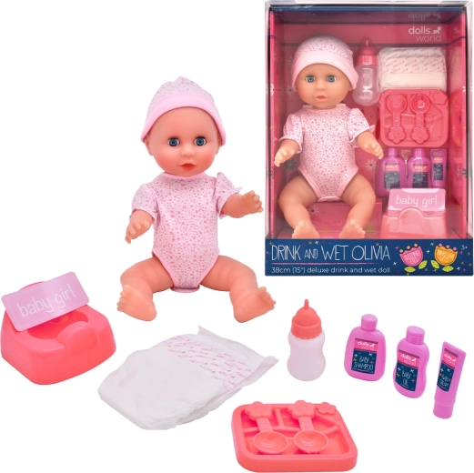 Dolls World bébé Olivia 38 cm boit et fait pipi avec yeux dormeurs et accessoires