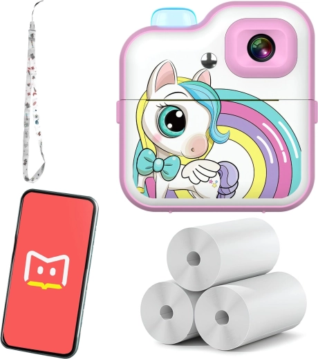 Appareil photo instantané pour enfants avec impression thermique RENEW FORCE – licorne rose