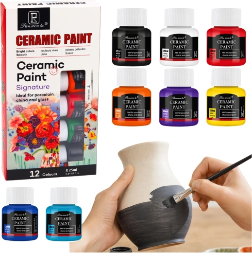 Set de peintures céramiques pour porcelaine, verre et céramique 12 × 25 ml avec pinceau