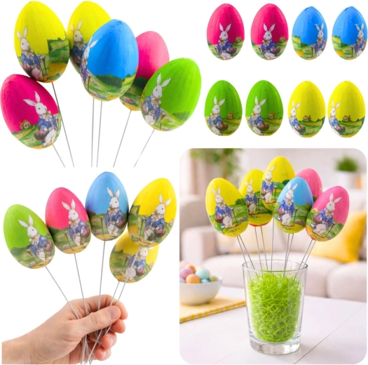 Œufs de Pâques sur tige métallique avec lapin et panier - 6 pièces