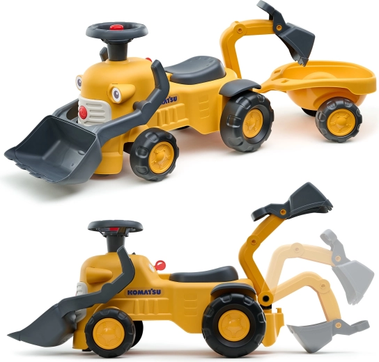 Trois machines en une : godet, pelle et remorque