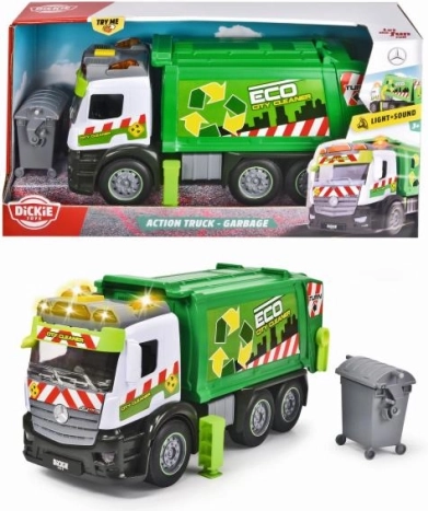 Camion-benne à ordures Mercedes avec lumière et son, 26 cm