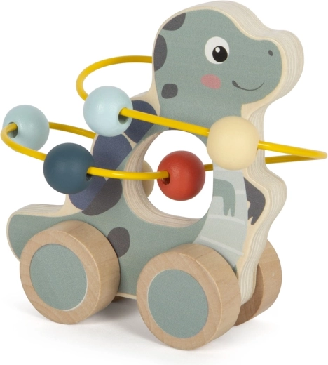 Dinosaure en bois avec labyrinthe de perles sur roulettes
