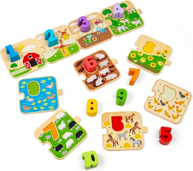 BIGJIGS TOYS puzzle en bois avec images et chiffres 1–10 (vie à la ferme)