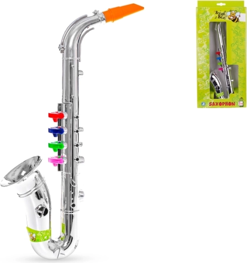 Saxophone pour enfants 38 cm – instrument en plastique argenté avec 4 touches colorées