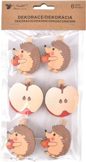 Pinces décoratives en bois hérisson et pomme – 6 pcs, 4 cm