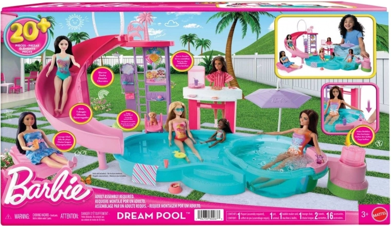 barbie piscine de rêve – set de jeu avec toboggan, jacuzzi et snack-bar