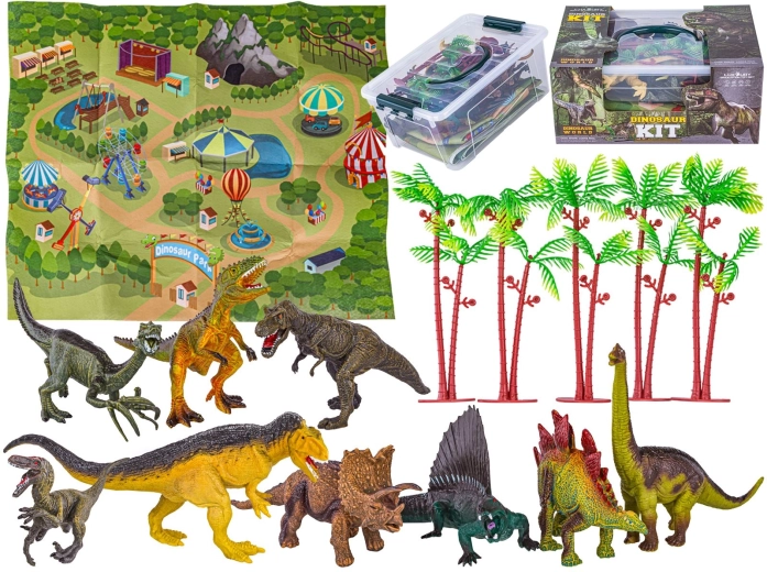 Ensemble de figurines de dinosaures dans une mallette avec tapis de jeu et arbres (9 pcs)