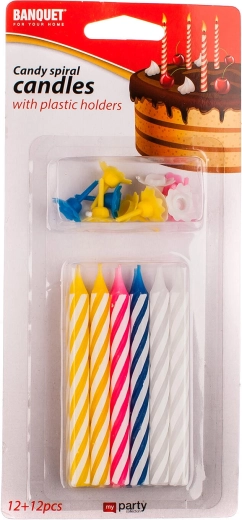 Bougies d’anniversaire torsadées 8 × 0,7 cm, assortiment de couleurs, 12 pcs + 12 pics