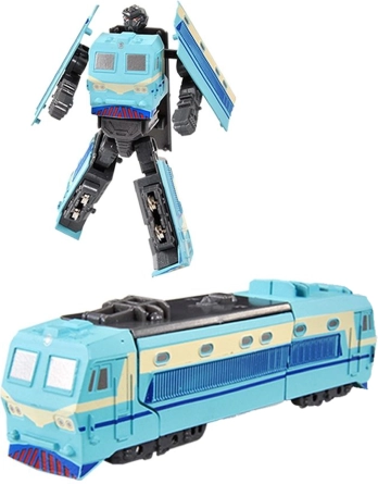 Robot métallique transformable en locomotive bleue