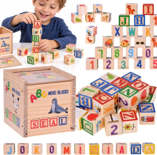 Cubes éducatifs en bois avec lettres anglaises, chiffres et images