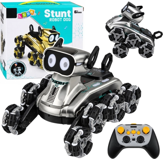 Chien robot RC télécommandé avec 8 roues, mode démo, lumières et sons, argenté – 1 pièce