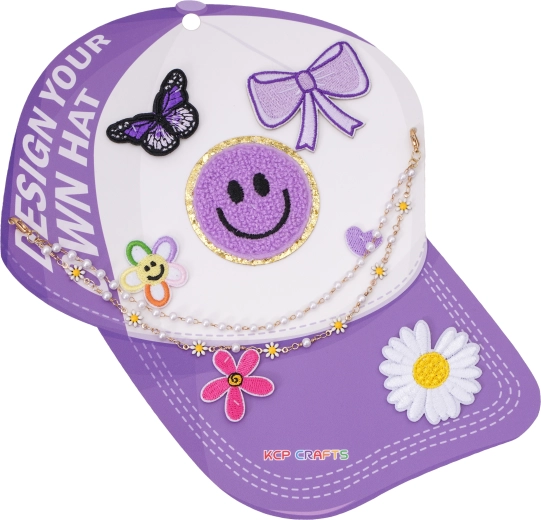 Accessoires décoratifs pour casquette à visière – smiley violet et fleurs avec chaîne décorative perlée