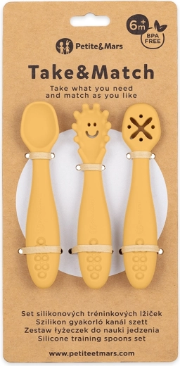 Petite&Mars cuillères d’entraînement en silicone Take&Match intense ochre 6m+ (3 pcs)