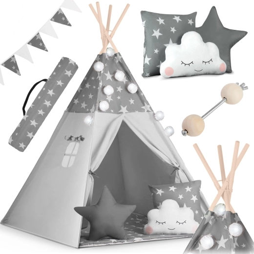 Tipi pour enfants NUKIDO avec guirlande lumineuse – gris à étoiles