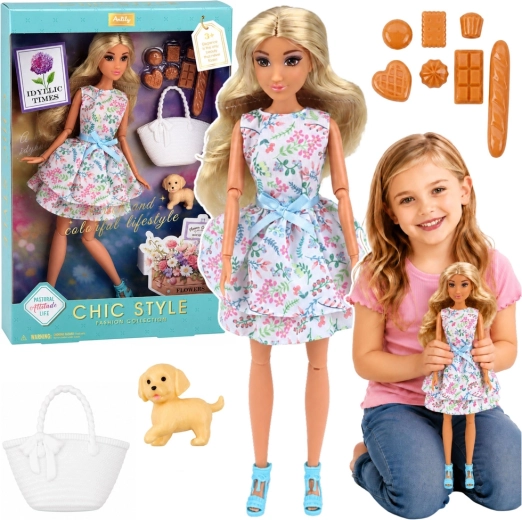 Poupée Anlily avec chien et accessoires (robe fleurie)