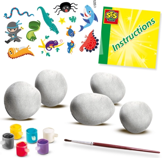 Tout dans un seul kit : galets, peintures, pinceau et notice