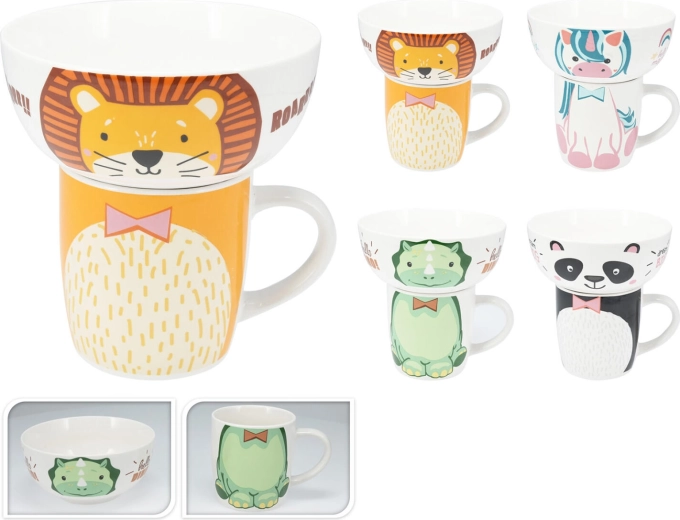 Set enfant en porcelaine – mug et bol, motifs animaliers assortis